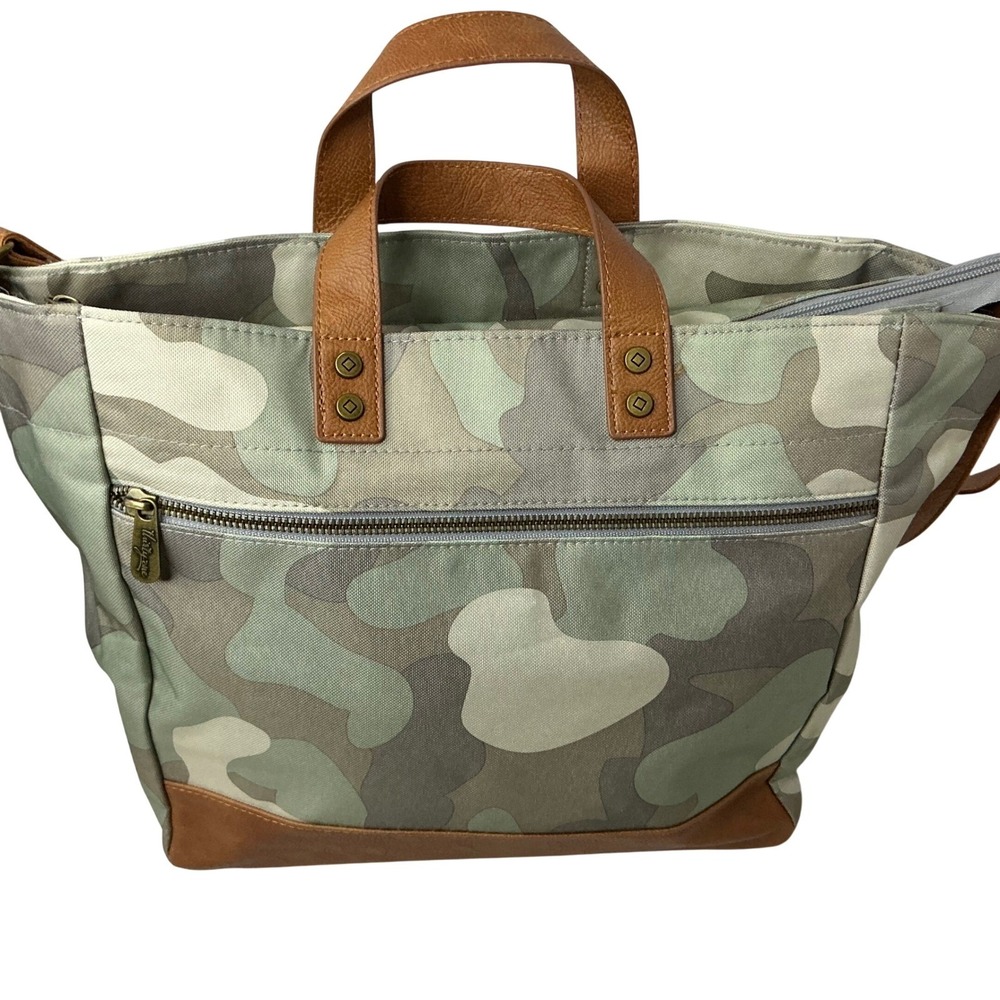 Thirty-One Window Shopper Tote Camo Green Tan Canvas Crossbody Bag Cottagecore